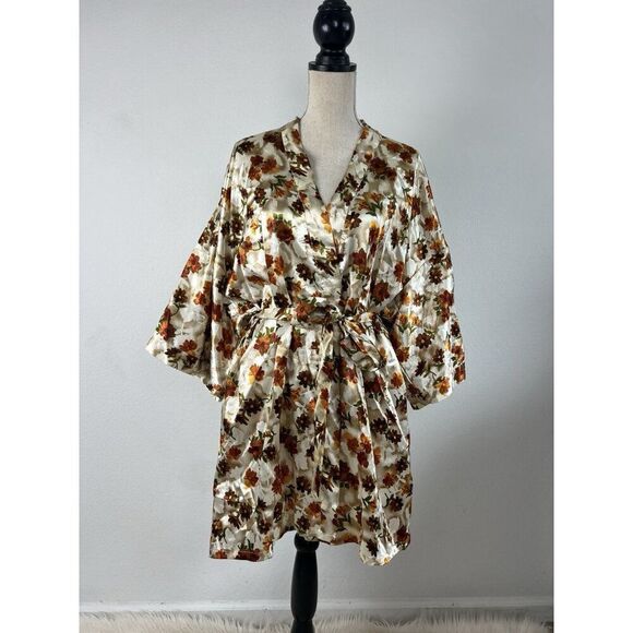 Night Essence Vintage Satin Retro Floral 3/4 Sleeve Kimono Dressing Robe Size 2X - Picture 1 of 9